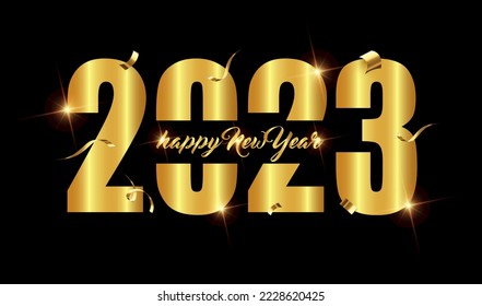 Vektorgrafik von Happy New Year 2023. Goldfarbige Zahl mit glänzender Schleife und Sternendekoration