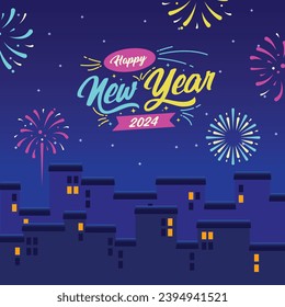 Illustration Vektorgrafik von glücklichen neuen Jahr 2024 Typografie mit Feuerwerken, Stadt-und Nachthimmel-Hintergrund, perfekte Verwendung für neue Jahr Tag.