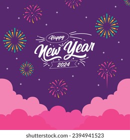 Illustration vector graphic of happy new year 2024 typography with fireworks, clouds, and night sky background, perfect use for new year day.