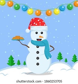 Illustration vector graphic of the happy snowman using santa claus hat and blue scarf bring a plate of biscuits. Blue background. Good for Christmas icons, Christmas stickers, Christmas book covers.