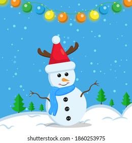 Illustration vector graphic of the happy snowman using santa claus hat and blue scarf was playing snow. Blue background. Good for Christmas icons, Christmas stickers, Christmas book covers.