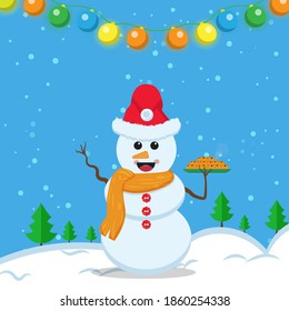 Illustration vector graphic of the happy snowman using santa claus hat and orange scarf bring a plate of biscuits. Blue background. Fit for Christmas icons, Christmas stickers, Christmas book covers.
