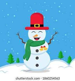 Illustration vector graphic of the happy snowman wearing santa hat and green scarf. Blue background. Fit for Christmas icons, Christmas stickers, Christmas book covers.