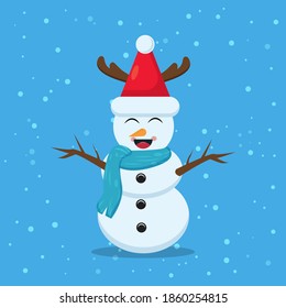 Illustration vector graphic of the happy snowman using santa claus hat with deer antlers and blue scarf. Blue background. Good for Christmas icons, Christmas stickers, Christmas book covers.