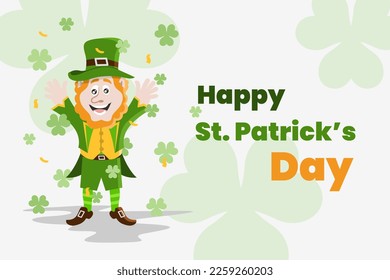 Illustration vector graphic of happy st, patrick's day. Leprechaun character or cartoon and shamrock three leaf. Good for poster