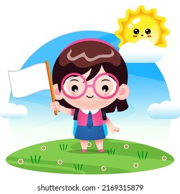 Ilustración vectorial de la chica feliz sosteniendo la minitaraña. Portada perfecta para libros infantiles, ilustración de libros para niños, ilustraciones de juegos, activos de juegos, animación, etc
