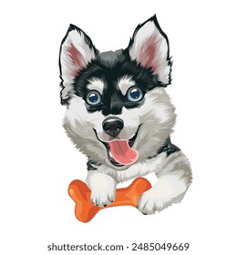 Illustration vector graphic of Happydog playing with a toy bone