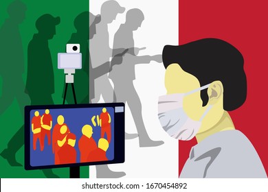 Illustration vector graphic of Health officials check people who come from China with a thermal scanner to scan the corona virus on Italy Flag background. Stop virus outbreak concept. vector EPS10.