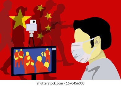 Illustration vector graphic of Health officials check people who come from China with a thermal scanner to scan the corona virus on China flag background. stop virus outbreak concept. vector EPS10.
