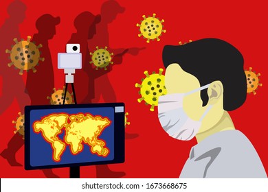 Illustration vector graphic of Health officials check people who come from China with a thermal scanner to scan the corona virus or covid-19 virus. stop virus outbreak concept. world map vector EPS10.