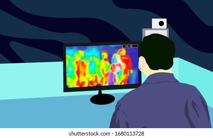 Illustration vector graphic of Health officials detect incoming passengers body temperature with thermal camera equipment to scan the corona virus or covid-19 virus. vector illustration EPS10. 