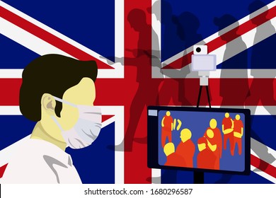 Illustration vector graphic of Health officials check people who come from China with a thermal scanner to scan the corona virus on United Kingdom Flag background. Stop virus outbreak concept.