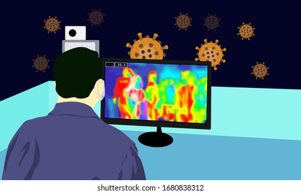 Illustration vector graphic of Health officials detect incoming passengers body temperature with thermal camera equipment to scan the corona virus or covid-19 and no virus sign on blue background.