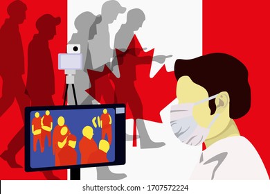 Illustration vector graphic of Health officials check people who come from China with a thermal scanner to scan the corona virus on Canada Flag background. Stop virus outbreak concept. vector EPS10.