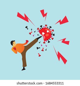 illustration vector graphic of Healthy man reflect Bacteria attack with kick. Concept illustration about boost Immunity with Workout.