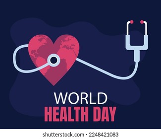 illustration vector graphic of heart shaped world map examined with stethoscope, perfect for international day, world health day, celebrate, greeting card, etc.