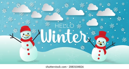 Illustration Vector graphic of hello winter with 2 snowman banner.