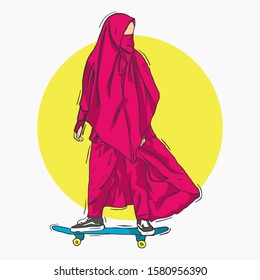 illustration vector graphic of hijab woman skateboarding perfect for promotion of gender equality. poster printing. print on a shirt. print on a tote bag