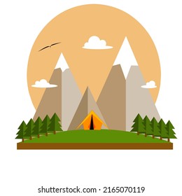 Illustration vector graphic of hiking adventur landscape,set with mountain,clouds,pine trees,sunset,falcon silhouette and tent. Flat design,use for simple graphic,poster,cover and artwork.