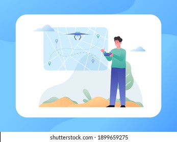 Ilustración Vector Gráfico de alta tecnología, hombre probando una nueva tecnología de drones, esta ilustración perfecta para sitio web, página de inicio, web, aplicación y banner