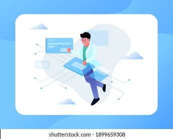Illustration Vector Graphic of High Tech, Man arbeitet mit High-Tech-Illustration, diese Illustration perfekt für Website, Landing-Page, Web, App und Banner