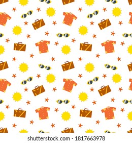 illustration vector graphic of holiday summer icon seamless pattern with sunglasses, suitcase, beach t shirt and starfish design