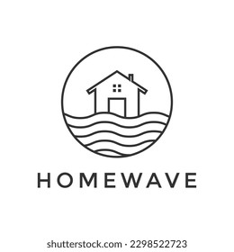 illustration vector graphic home logo design minimalist waves beach with circle