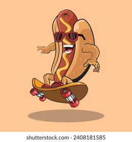 Gráfico vectorial de ilustración de Hotdog Skater. Adecuado para la fabricación de camisetas, pegatinas, libros de colorantes, etc. 