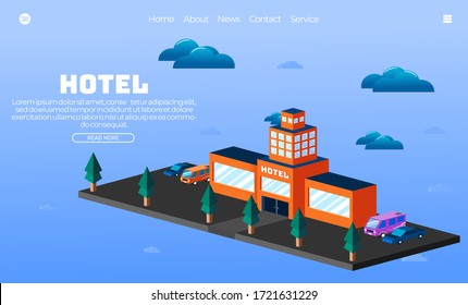 Illustration vector graphic of hotel buildiing isometric style.Perfect for web landing page, banner, poster.etc