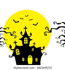 Illustration Vektorgrafik von Haus, Fledermaus, Baum und Mond gut für einen Teil eines halloween themed Design. Haus, Fledermaus, Baum und Mond einzeln auf weißem Hintergrund. Vektoreditierbar und EP
