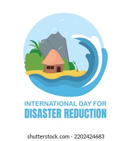 illustration vector graphic of the house on the beach will be hit by the sea waves, showing forest and mountain, perfect for international day, disaster reduction, celebrate, greeting card, etc.