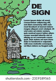 ilustración vectorial casa gráfica con dibujo de la mano de árbol para fondo, banner, afiche, plantilla, etc