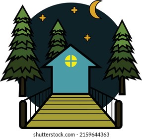Illustration vector graphic of house with wooden bridge in the middle of a forest of cedar trees at night, good for t-shirt design, poster, art, etc.
