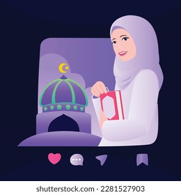 illustration vector graphic hugging the qur'an in the month of ramadan in front of the mosque