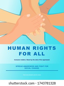 Illustration vector graphic of human rights poster, pile of hands with skin colors. light blue background.