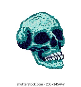 illustration vector graphic of human skull on white background. Human skull pixel game style illustration. Game 8 bit style. vector pixel art design. Skull vector pixel art design.
