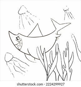 Illustration vector graphic of a hungry shark for coloring children book illustration