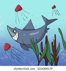 Illustration vector graphic of a hungry shark for children book illustration
