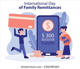 illustration vector graphic of a husband brings an atm card to his wife, displays an e banking application on a smartphone, perfect for international day, international day of family remittances.