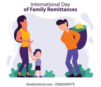 illustration vector graphic of a husband carrying a pile of money on his back to give to his family, perfect for international day, international day of family remittances, celebrate, greeting card.