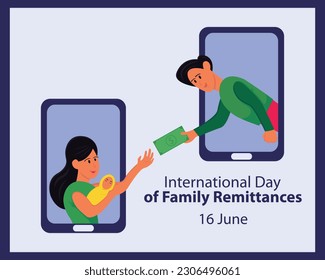 illustration vector graphic of a husband sends money to his wife and child using a mobile smartphone, perfect for international day, international day of family remittances, celebrate.