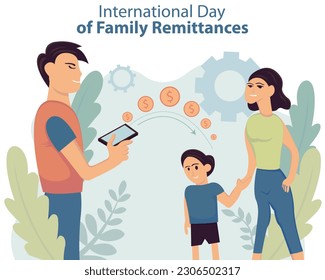 illustration vector graphic of a husband sends coins using a mobile app to his family, perfect for international day, international day of family remittances, celebrate, greeting card, etc.