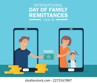 ilustración vectorial de un marido transfiere dinero a su familia a través de un smartphone, perfecto para un día internacional, remesas familiares, celebración, tarjeta de saludo, etc.