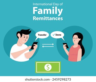 illustration vector graphic of a husband transfers money to his wife via smartphone, perfect for international day, family remittances, celebrate, greeting card, etc.