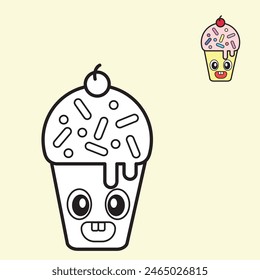 Illustration vector graphic of ice cream cake in line art style for childern's coloring book