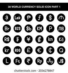 Illustration vector graphic icon of 30 World Currency Icon Set Part 1. Solid Style Icon. Vector illustration isolated on white background. Perfect for website or application design.