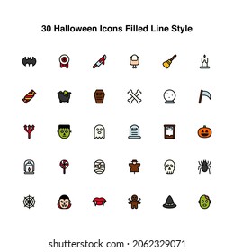 Icono gráfico vectorial de ilustración de 30 iconos de Halloween. Icono de estilo de línea relleno. Icono Temático De Halloween. Ilustración vectorial aislada en fondo blanco. Perfecto para el diseño de sitios web o aplicaciones.