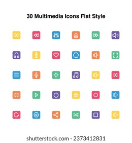Illustration vector graphic icon of 30 Multimedia Icons Set. Flat Style Icon. Multimedia Themed Icon. Vector illustration isolated on white background. Perfect for website or application design