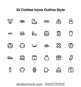 Icono gráfico vectorial de ilustración de 30 Clothes Icons Set. Icono de estilo de esquema. Ilustración vectorial aislada en fondo blanco. Perfecto para el diseño de sitios web o aplicaciones.