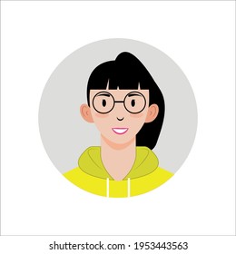 illustration vector graphic of icon avatar female wearing a hoodie, glasses and black hair in a ponytail. perfect for profile photos and more